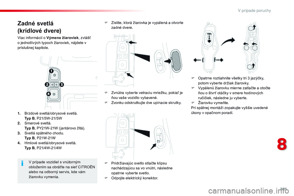 CITROEN JUMPER SPACETOURER 2017 Návod na použitie (in Slovak) 305
Spacetourer-VP_sk_Chap08_En-cas-de-panne_ed01-2016
Zadné svetlá
(krídlové dvere)
Viac informácií o Výmene žiaroviek, zvlášť
o jednotlivých typoch žiaroviek, nájdete v
príslušnej CITROEN JUMPER SPACETOURER 2017 Návod na použitie (in Slovak) 305
Spacetourer-VP_sk_Chap08_En-cas-de-panne_ed01-2016
Zadné svetlá
(krídlové dvere)
Viac informácií o Výmene žiaroviek, zvlášť
o jednotlivých typoch žiaroviek, nájdete v
príslušnej