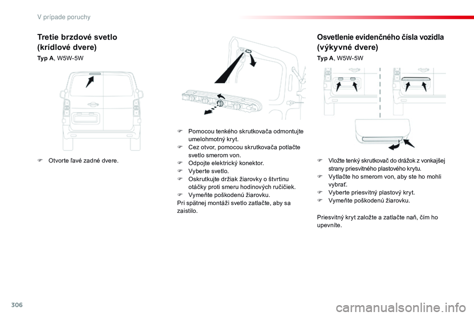 CITROEN JUMPER SPACETOURER 2017 Návod na použitie (in Slovak) 306
Spacetourer-VP_sk_Chap08_En-cas-de-panne_ed01-2016
Osvetlenie evidenčného čísla vozidla
(výkyvné dvere)
Typ A, W5W-5W
F
P
omocou tenkého skrutkovača odmontujte
umelohmotný kryt.
F
CITROEN JUMPER SPACETOURER 2017 Návod na použitie (in Slovak) 306
Spacetourer-VP_sk_Chap08_En-cas-de-panne_ed01-2016
Osvetlenie evidenčného čísla vozidla
(výkyvné dvere)
Typ A, W5W-5W
F
P
omocou tenkého skrutkovača odmontujte
umelohmotný kryt.
F