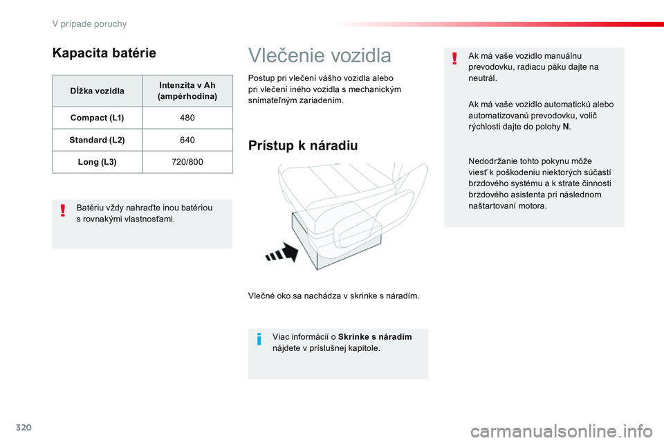 CITROEN JUMPER SPACETOURER 2017 Návod na použitie (in Slovak) 320
Spacetourer-VP_sk_Chap08_En-cas-de-panne_ed01-2016
Kapacita batérie
Dĺžka vozidlaIntenzita v Ah
(ampérhodina)
Compact (L1) 480
Standard (L2) 640
Long (L3) 720/800
Batériu vždy nahraďte i CITROEN JUMPER SPACETOURER 2017 Návod na použitie (in Slovak) 320
Spacetourer-VP_sk_Chap08_En-cas-de-panne_ed01-2016
Kapacita batérie
Dĺžka vozidlaIntenzita v Ah
(ampérhodina)
Compact (L1) 480
Standard (L2) 640
Long (L3) 720/800
Batériu vždy nahraďte i