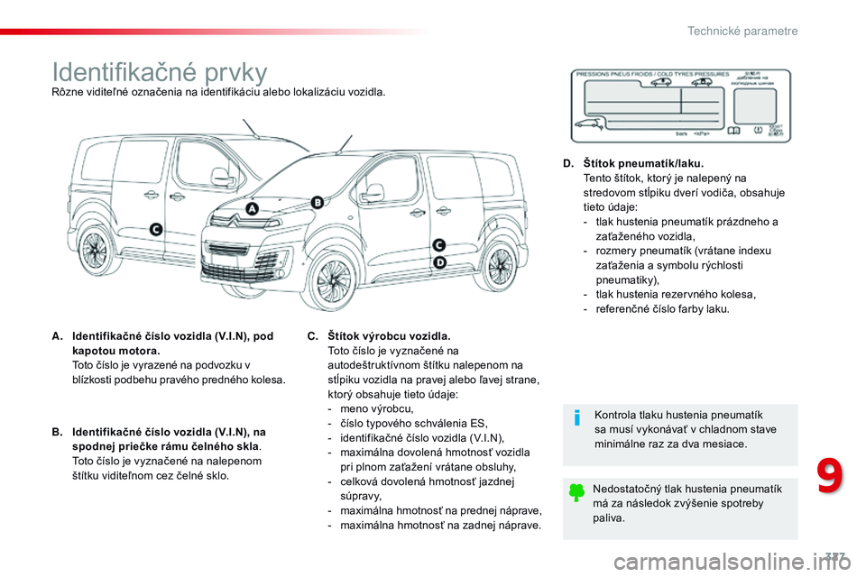 CITROEN JUMPER SPACETOURER 2017 Návod na použitie (in Slovak) 327
Spacetourer-VP_sk_Chap09_caracteristiques-techniques_ed01-2016
Identifikačné prvkyRôzne viditeľné označenia na identifikáciu alebo lokalizáciu vozidla.
A.
I
dentifikačné číslo vozidla CITROEN JUMPER SPACETOURER 2017 Návod na použitie (in Slovak) 327
Spacetourer-VP_sk_Chap09_caracteristiques-techniques_ed01-2016
Identifikačné prvkyRôzne viditeľné označenia na identifikáciu alebo lokalizáciu vozidla.
A.
I
dentifikačné číslo vozidla