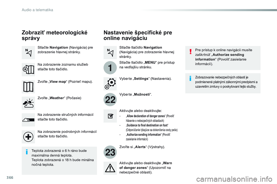 CITROEN JUMPER SPACETOURER 2017  Návod na použitie (in Slovak) 366
22
23
1
Spacetourer-VP_sk_Chap10b_nAC-1_ed01-2016
Nastavenie špecifické pre 
online navigáciu
Pre prístup k online navigácii musíte 
zaškrtnúť „ Authorize sending 
information “ (Povo
