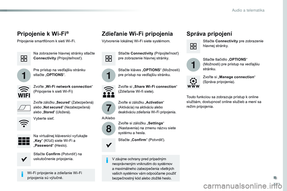 CITROEN JUMPER SPACETOURER 2017 Návod na použitie (in Slovak) 371
11
1
7
8
Spacetourer-VP_sk_Chap10b_nAC-1_ed01-2016
Pripojenie k Wi-Fi®Zdieľanie Wi-Fi pripojenia Správa pripojení
V záujme ochrany pred prípadným
neoprávneným vniknutím do systémov
a CITROEN JUMPER SPACETOURER 2017 Návod na použitie (in Slovak) 371
11
1
7
8
Spacetourer-VP_sk_Chap10b_nAC-1_ed01-2016
Pripojenie k Wi-Fi®Zdieľanie Wi-Fi pripojenia Správa pripojení
V záujme ochrany pred prípadným
neoprávneným vniknutím do systémov
a