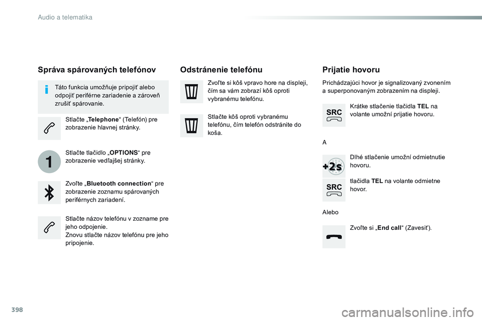 CITROEN JUMPER SPACETOURER 2017 Návod na použitie (in Slovak) 398
1
Spacetourer-VP_sk_Chap10b_nAC-1_ed01-2016
Prijatie hovoru
Prichádzajúci hovor je signalizovaný zvonením
a superponovaným zobrazením na displeji.
Krátke stlačenie tlačidla TEL na
vola CITROEN JUMPER SPACETOURER 2017 Návod na použitie (in Slovak) 398
1
Spacetourer-VP_sk_Chap10b_nAC-1_ed01-2016
Prijatie hovoru
Prichádzajúci hovor je signalizovaný zvonením
a superponovaným zobrazením na displeji.
Krátke stlačenie tlačidla TEL na
vola