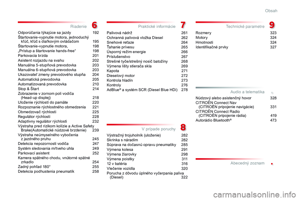 CITROEN JUMPER SPACETOURER 2017  Návod na použitie (in Slovak) .
.
Spacetourer-VP_sk_Chap00a_sommaire_ed01-2016
Odporúčania týkajúce sa jazdy 192
Štartovanie-vypnutie motora, jednoduchý   kľúč, kľúč s diaľkovým ovládačom
 
1
 95
Štartovanie-vypnu