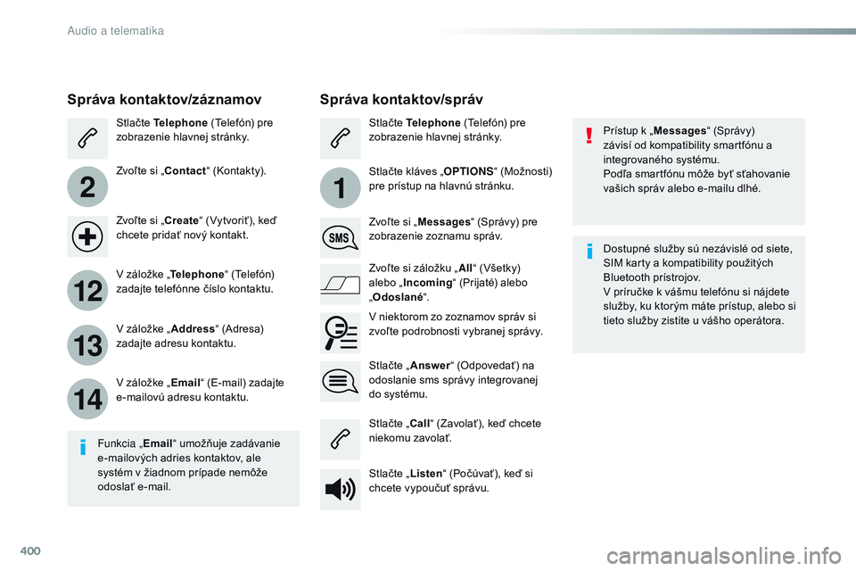 CITROEN JUMPER SPACETOURER 2017 Návod na použitie (in Slovak) 400
2
12
13
14
1
Spacetourer-VP_sk_Chap10b_nAC-1_ed01-2016
Prístup k „ Messages “ (Správy)
závisí od kompatibility smartfónu a
integrovaného systému.
Podľa smartfónu môže byť sťahov CITROEN JUMPER SPACETOURER 2017 Návod na použitie (in Slovak) 400
2
12
13
14
1
Spacetourer-VP_sk_Chap10b_nAC-1_ed01-2016
Prístup k „ Messages “ (Správy)
závisí od kompatibility smartfónu a
integrovaného systému.
Podľa smartfónu môže byť sťahov