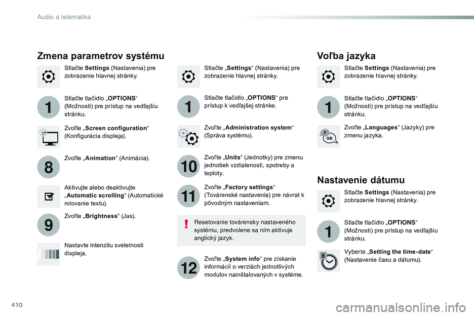 CITROEN JUMPER SPACETOURER 2017 Návod na použitie (in Slovak) 410
111
10
11
12
8
91
Spacetourer-VP_sk_Chap10b_nAC-1_ed01-2016
Stlačte „ Settings “ (Nastavenia) pre
zobrazenie hlavnej stránky. Stlačte Settings
(Nastavenia) pre
zobrazenie hlavnej stránk CITROEN JUMPER SPACETOURER 2017 Návod na použitie (in Slovak) 410
111
10
11
12
8
91
Spacetourer-VP_sk_Chap10b_nAC-1_ed01-2016
Stlačte „ Settings “ (Nastavenia) pre
zobrazenie hlavnej stránky. Stlačte Settings
(Nastavenia) pre
zobrazenie hlavnej stránk