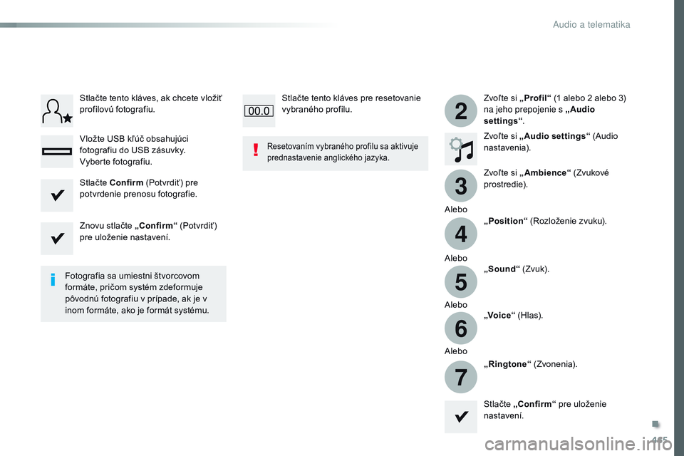 CITROEN JUMPER SPACETOURER 2017 Návod na použitie (in Slovak) 465
3
2
4
5
6
7
Spacetourer-VP_sk_Chap10c_rCC-1_ed01-2016
Zvoľte si „ Profil“ (1 alebo 2 alebo 3)
na jeho prepojenie s „Audio
settings “.
Zvoľte si „Audio settings “ (Audio
nastaven CITROEN JUMPER SPACETOURER 2017 Návod na použitie (in Slovak) 465
3
2
4
5
6
7
Spacetourer-VP_sk_Chap10c_rCC-1_ed01-2016
Zvoľte si „ Profil“ (1 alebo 2 alebo 3)
na jeho prepojenie s „Audio
settings “.
Zvoľte si „Audio settings “ (Audio
nastaven