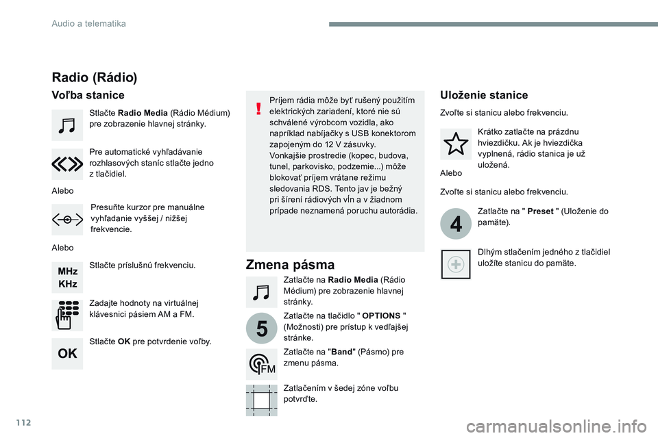 CITROEN JUMPER SPACETOURER 2017 Návod na použitie (in Slovak) 112
4
5
Transversal-Citroen_sk_Chap02_RCC-2-2-0_ed01-2016
Stlačte Radio Media (Rádio Médium)
pre zobrazenie hlavnej stránky.
Zatlačte na Radio Media (Rádio
Médium) pre zobrazenie hlavnej
st CITROEN JUMPER SPACETOURER 2017 Návod na použitie (in Slovak) 112
4
5
Transversal-Citroen_sk_Chap02_RCC-2-2-0_ed01-2016
Stlačte Radio Media (Rádio Médium)
pre zobrazenie hlavnej stránky.
Zatlačte na Radio Media (Rádio
Médium) pre zobrazenie hlavnej
st