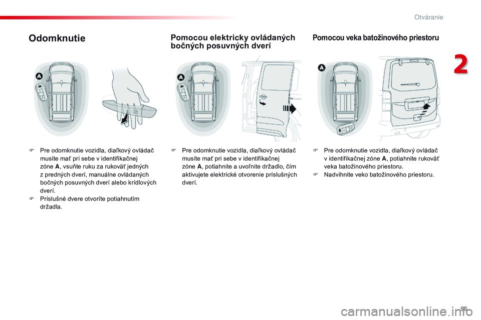 CITROEN JUMPER SPACETOURER 2017 Návod na použitie (in Slovak) 55
Spacetourer-VP_sk_Chap02_ouvertures_ed01-2016
Odomknutie
F Pre odomknutie vozidla, diaľkový ovládač musíte mať pri sebe v identifikačnej
zóne A , vsuňte ruku za rukoväť jedných
z pred CITROEN JUMPER SPACETOURER 2017 Návod na použitie (in Slovak) 55
Spacetourer-VP_sk_Chap02_ouvertures_ed01-2016
Odomknutie
F Pre odomknutie vozidla, diaľkový ovládač musíte mať pri sebe v identifikačnej
zóne A , vsuňte ruku za rukoväť jedných
z pred