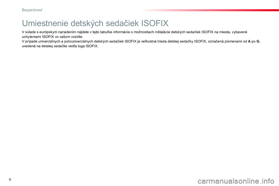 CITROEN JUMPER SPACETOURER 2017  Návod na použitie (in Slovak) 8
Bezpečnosť
 
 
 
 
 
 
 
 
 
 
 
Umiestnenie detských sedačiek ISOFIX 
 
 
 
 
 
 
 
 
 
 
 
 
 
 
 
 
 
V súlade s európskym nariadením nájdete v tejto tabuľke informácie o možnostiach i