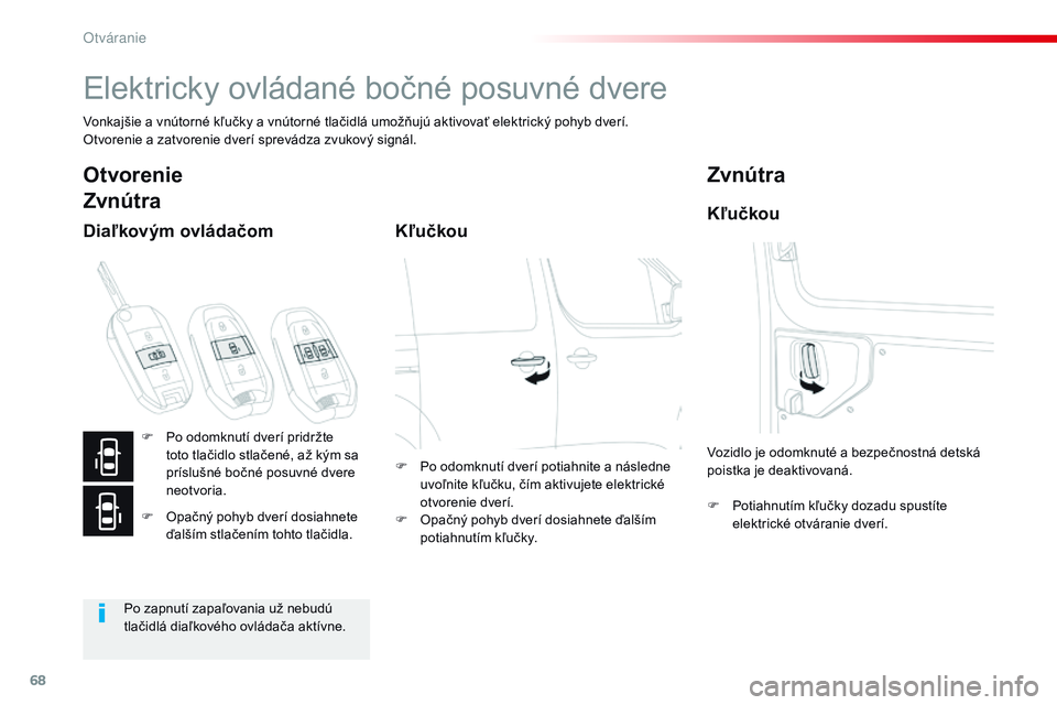 CITROEN JUMPER SPACETOURER 2017 Návod na použitie (in Slovak) 68
Spacetourer-VP_sk_Chap02_ouvertures_ed01-2016
Elektricky ovládané bočné posuvné dvere
Vonkajšie a vnútorné kľučky a vnútorné tlačidlá umožňujú aktivovať elektrický pohyb dverí.
CITROEN JUMPER SPACETOURER 2017 Návod na použitie (in Slovak) 68
Spacetourer-VP_sk_Chap02_ouvertures_ed01-2016
Elektricky ovládané bočné posuvné dvere
Vonkajšie a vnútorné kľučky a vnútorné tlačidlá umožňujú aktivovať elektrický pohyb dverí.