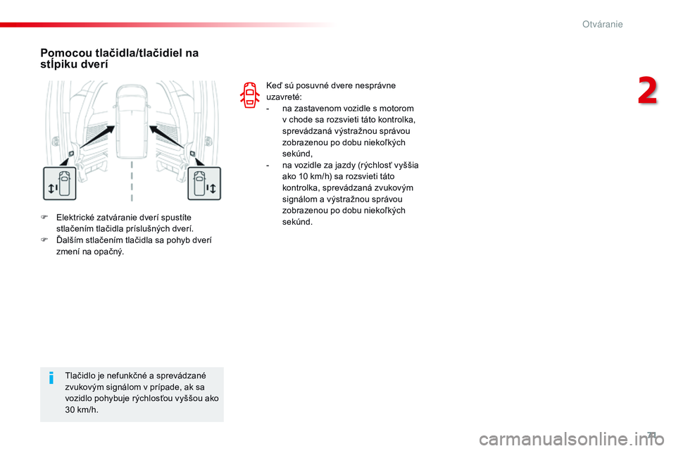 CITROEN JUMPER SPACETOURER 2017 Návod na použitie (in Slovak) 71
Spacetourer-VP_sk_Chap02_ouvertures_ed01-2016
F Elektrické zatváranie dverí spustíte stlačením tlačidla príslušných dverí.
F
Ď
alším stlačením tlačidla sa pohyb dverí
zmení n CITROEN JUMPER SPACETOURER 2017 Návod na použitie (in Slovak) 71
Spacetourer-VP_sk_Chap02_ouvertures_ed01-2016
F Elektrické zatváranie dverí spustíte stlačením tlačidla príslušných dverí.
F
Ď
alším stlačením tlačidla sa pohyb dverí
zmení n