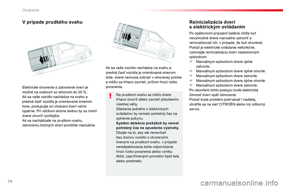 CITROEN JUMPER SPACETOURER 2017 Návod na použitie (in Slovak) 74
Spacetourer-VP_sk_Chap02_ouvertures_ed01-2016
Na prudkom svahu sa môžu dvere
trhavo otvoriť alebo zavrieť pôsobením
vlastnej váhy.
Stlačenie jedného z elektrických
ovládačov by nemal CITROEN JUMPER SPACETOURER 2017 Návod na použitie (in Slovak) 74
Spacetourer-VP_sk_Chap02_ouvertures_ed01-2016
Na prudkom svahu sa môžu dvere
trhavo otvoriť alebo zavrieť pôsobením
vlastnej váhy.
Stlačenie jedného z elektrických
ovládačov by nemal