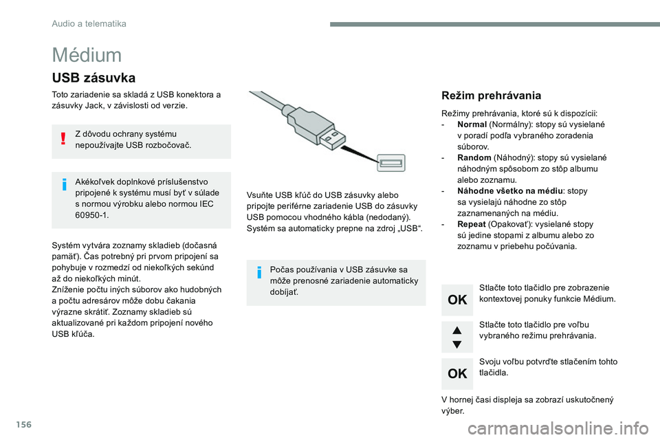 CITROEN JUMPER SPACETOURER 2017 Návod na použitie (in Slovak) 156
Médium
USB zásuvka
Toto zariadenie sa skladá z USB konektora a
zásuvky Jack, v závislosti od verzie.Vsuňte USB kľúč do USB zásuvky alebo
pripojte periférne zariadenie USB do zásuvky CITROEN JUMPER SPACETOURER 2017 Návod na použitie (in Slovak) 156
Médium
USB zásuvka
Toto zariadenie sa skladá z USB konektora a
zásuvky Jack, v závislosti od verzie.Vsuňte USB kľúč do USB zásuvky alebo
pripojte periférne zariadenie USB do zásuvky