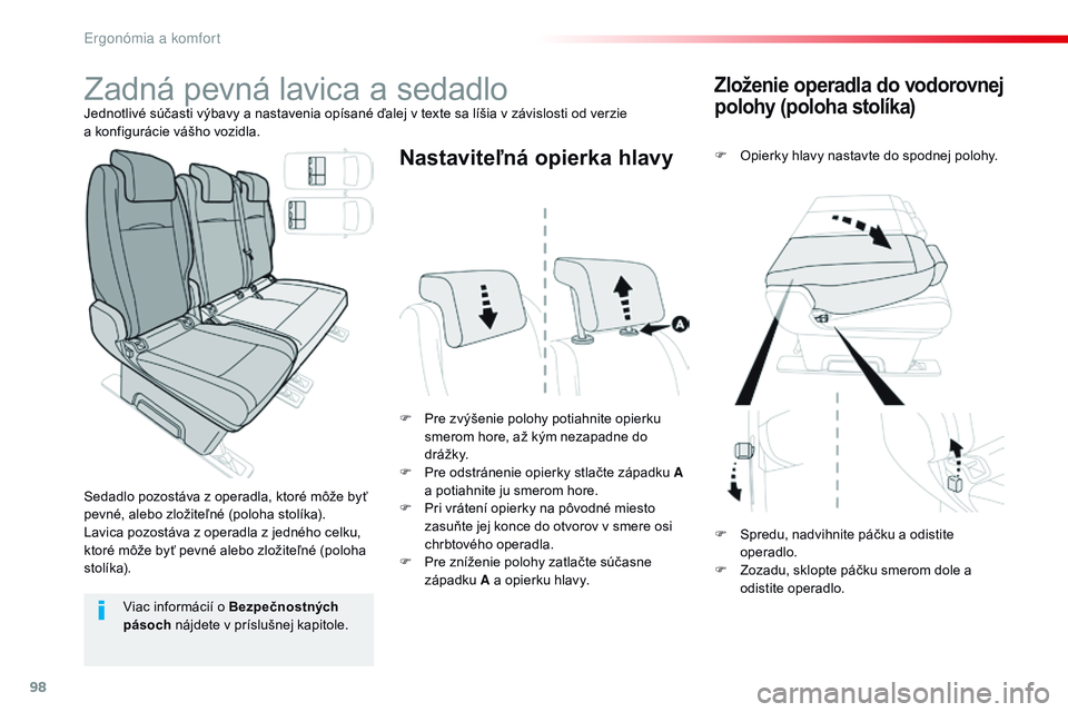 CITROEN JUMPER SPACETOURER 2017 Návod na použitie (in Slovak) 98
Spacetourer-VP_sk_Chap03_ergonomie-et-confort_ed01-2016
Zloženie operadla do vodorovnej
polohy (poloha stolíka)
F Opierky hlavy nastavte do spodnej polohy.
F
P
re zvýšenie polohy potiahnite CITROEN JUMPER SPACETOURER 2017 Návod na použitie (in Slovak) 98
Spacetourer-VP_sk_Chap03_ergonomie-et-confort_ed01-2016
Zloženie operadla do vodorovnej
polohy (poloha stolíka)
F Opierky hlavy nastavte do spodnej polohy.
F
P
re zvýšenie polohy potiahnite