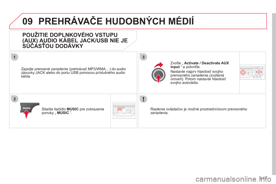 CITROEN JUMPER MULTISPACE 2014  Návod na použitie (in Slovak) 9.47
09PREHRÁVAČE HUDOBNÝCH MÉDIÍ 
 
 
 
 
 
 
 
 
 
 
 
 
 
 
POUŽITIE DOPLNKOVÉHO VSTUPU
(AUX) AUDIO KÁBEL JACK/USB NIE JE
SÚČASŤOU DODÁVKY 
())
 
 
Zapojte prenosné zariadenie (prehrá