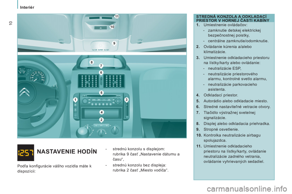 CITROEN JUMPER MULTISPACE 2013 Návod na použitie (in Slovak) Interiér
10
STREDNÁ KONZOLA A ODKLADACÍ
PRIESTOR V HORNEJ ČASTI KABÍNY
1.
Umiestnenie ovládačov:
- zamknutie detskej elektrickej
bezpečnostnej poistky,
- centrál CITROEN JUMPER MULTISPACE 2013 Návod na použitie (in Slovak) Interiér
10
STREDNÁ KONZOLA A ODKLADACÍ
PRIESTOR V HORNEJ ČASTI KABÍNY
1.
Umiestnenie ovládačov:
- zamknutie detskej elektrickej
bezpečnostnej poistky,
- centrál