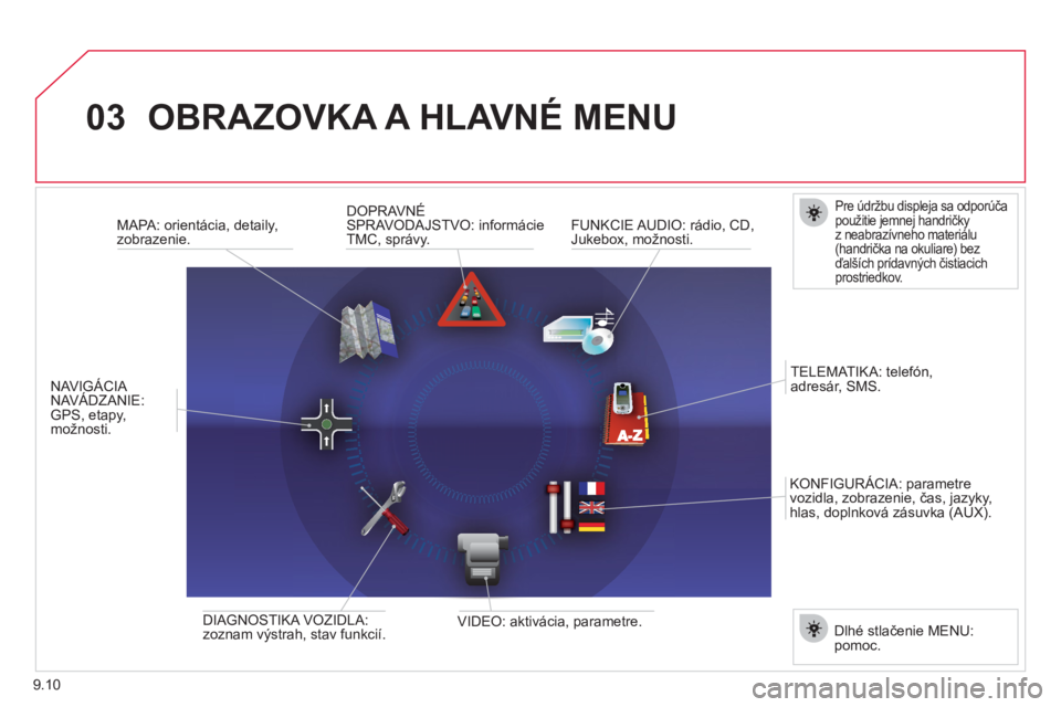 CITROEN JUMPER MULTISPACE 2013  Návod na použitie (in Slovak) 9.10
03OBRAZOVKA A HLAVNÉ MENU
   
 
 
 
 
 
 
 
Pre údržbu displeja sa odporúča pou