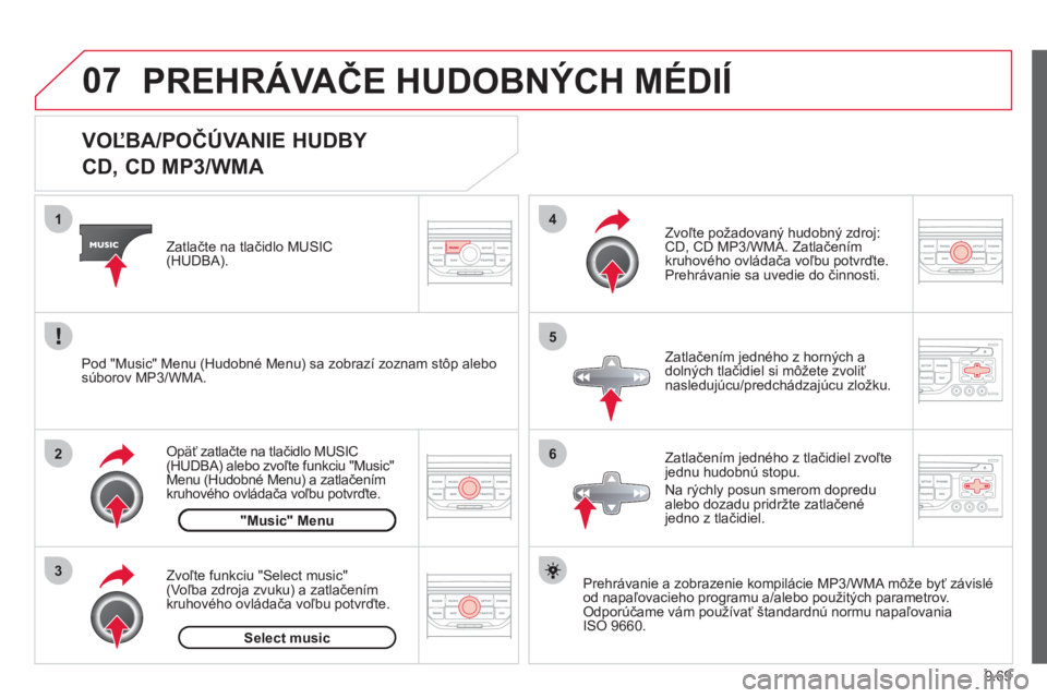 CITROEN JUMPER MULTISPACE 2013 Návod na použitie (in Slovak) 9.69
07
3 2 1
6
4
5
VOĽBA/POČÚVANIE HUDBY
CD, CD MP3/WMA
Prehrávanie a zobrazenie kompilácie MP3/WMA môže byť závislé
od napaľovacieho programu a/alebo použitých pa CITROEN JUMPER MULTISPACE 2013 Návod na použitie (in Slovak) 9.69
07
3 2 1
6
4
5
VOĽBA/POČÚVANIE HUDBY
CD, CD MP3/WMA
Prehrávanie a zobrazenie kompilácie MP3/WMA môže byť závislé
od napaľovacieho programu a/alebo použitých pa