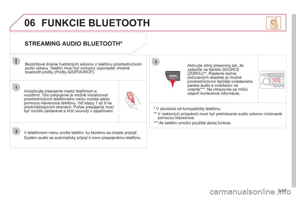 CITROEN JUMPER MULTISPACE 2013 Návod na použitie (in Slovak) 9.97
1
2
3
SOURCE
06
Inicializujte prepojenie medzi telefónom a
vozidlom. Toto prepojenie je možné inicializovaťprostredníctvom telefónneho menu vozidla alebo pomocou klávesnice telefónu. CITROEN JUMPER MULTISPACE 2013 Návod na použitie (in Slovak) 9.97
1
2
3
SOURCE
06
Inicializujte prepojenie medzi telefónom a
vozidlom. Toto prepojenie je možné inicializovaťprostredníctvom telefónneho menu vozidla alebo pomocou klávesnice telefónu.