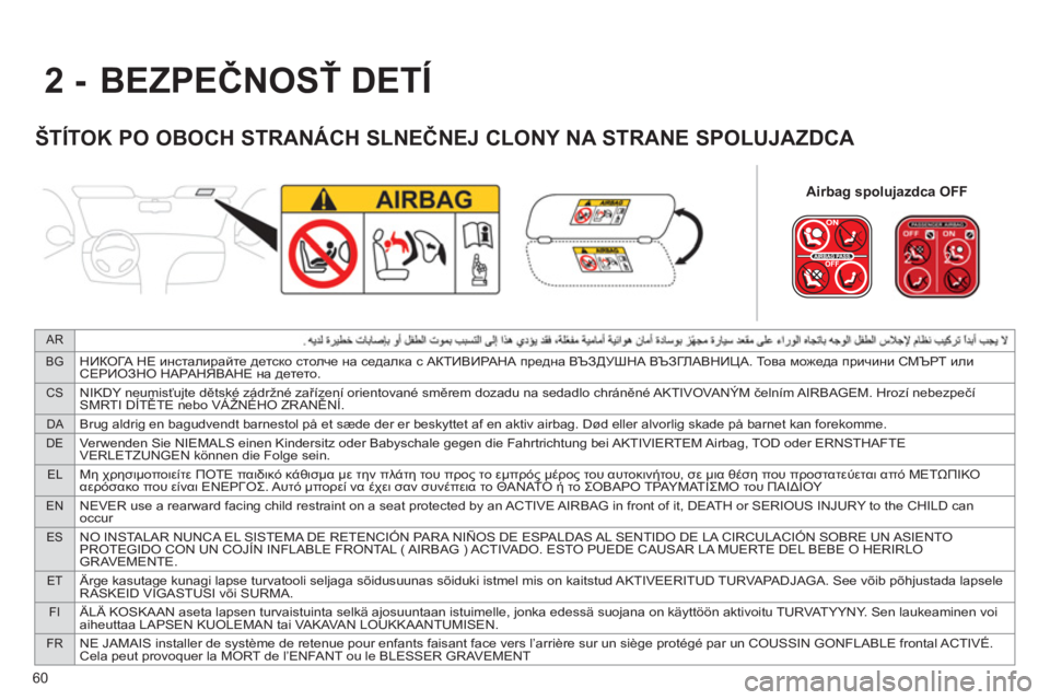 CITROEN JUMPER MULTISPACE 2013 Návod na použitie (in Slovak) 60
AR
BG
НИКОГА НЕ инсталирайте детско столче на седалка с АКТИВИРАНА предна ВЪЗДУШНА ВЪЗГЛАВНИЦА. То в а можеда CITROEN JUMPER MULTISPACE 2013 Návod na použitie (in Slovak) 60
AR
BG
НИКОГА НЕ инсталирайте детско столче на седалка с АКТИВИРАНА предна ВЪЗДУШНА ВЪЗГЛАВНИЦА. То в а можеда