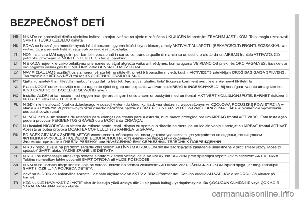 CITROEN JUMPER MULTISPACE 2013 Návod na použitie (in Slovak) 61
HRNIKADA ne postavljati dječju sjedalicu leđima u smjeru vožnje na sjedalo zaštićeno UKLJUČENIM prednjim ZRAČNIM JASTUKOM. To bi moglo uzrokovati
SMRT ili TEŠKU OZLJEDU djeteta.
HUSOHA ne CITROEN JUMPER MULTISPACE 2013 Návod na použitie (in Slovak) 61
HRNIKADA ne postavljati dječju sjedalicu leđima u smjeru vožnje na sjedalo zaštićeno UKLJUČENIM prednjim ZRAČNIM JASTUKOM. To bi moglo uzrokovati
SMRT ili TEŠKU OZLJEDU djeteta.
HUSOHA ne