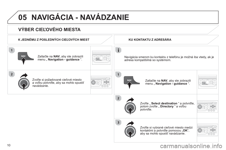CITROEN JUMPER MULTISPACE 2013  Návod na použitie (in Slovak) 10
05
   VÝBER CIEĽOVÉHO MIESTA 
NAVIGÁCIA - NAVÁDZANIE 
 
 
K JEDNÉMU Z POSLEDNÝCH CIEĽOVÝCH MIEST  
Z
atlačte na NAV, aby ste zobrazilimenu „ Navigation - guidance“.  
   
Zvoľte si p