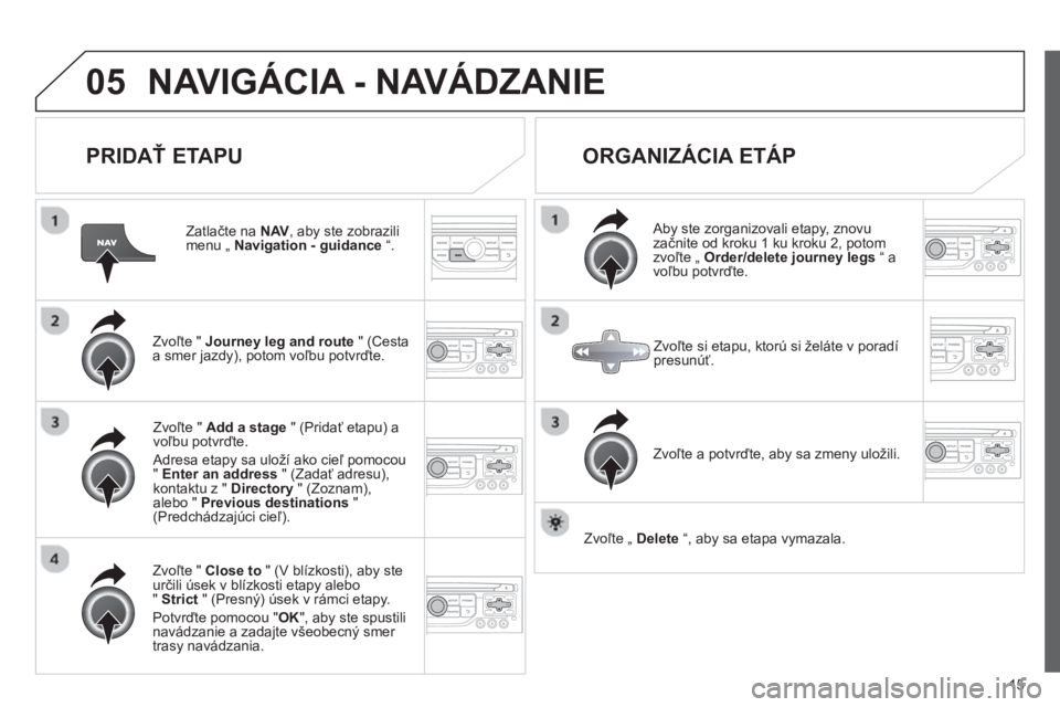 CITROEN JUMPER MULTISPACE 2013  Návod na použitie (in Slovak) 15
05NAVIGÁCIA - NAVÁDZANIE 
   
PRIDAŤ ETAPU
 
 
Zatlačte na  NAV 
, aby ste zobrazili menu „  Navigation - guidance“.
Zvoľte "  Journey leg and route" (Cesta a smer jazdy), potom voľbu pot