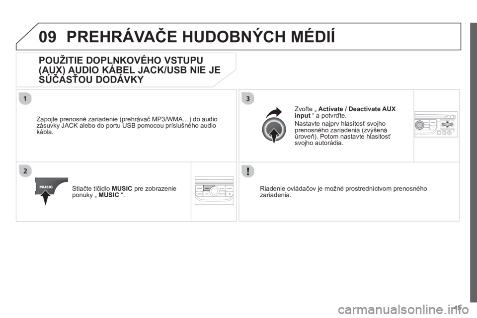 CITROEN JUMPER MULTISPACE 2013  Návod na použitie (in Slovak) 45
09PREHRÁVAČE HUDOBNÝCH MÉDIÍ 
 
 
 
 
 
 
 
 
 
 
 
 
 
 
POUŽITIE DOPLNKOVÉHO VSTUPU
(AUX) AUDIO KÁBEL JACK/USB NIE JE
SÚČASŤOU DODÁVKY 
())
 
 
Zapojte prenosné zariadenie (prehráva