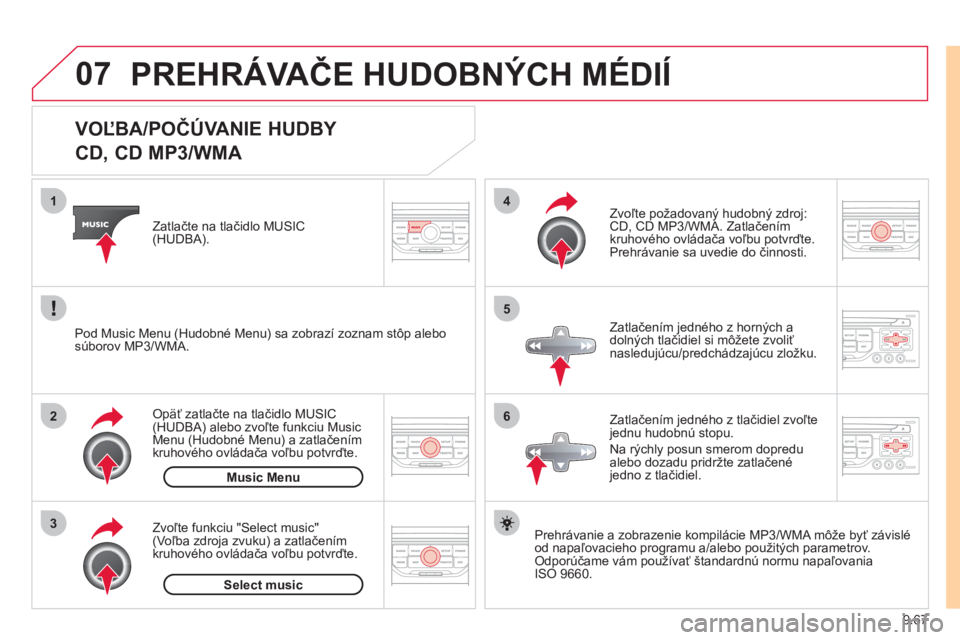 CITROEN JUMPER MULTISPACE 2012 Návod na použitie (in Slovak) 9.67
07
3 2 1
6
4
5
VOĽBA/POČÚVANIE HUDBY
CD, CD MP3/WMA
Prehrávanie a zobrazenie kompilácie MP3/WMA môže byť závislé
od napaľovacieho programu a/alebo použitých pa CITROEN JUMPER MULTISPACE 2012 Návod na použitie (in Slovak) 9.67
07
3 2 1
6
4
5
VOĽBA/POČÚVANIE HUDBY
CD, CD MP3/WMA
Prehrávanie a zobrazenie kompilácie MP3/WMA môže byť závislé
od napaľovacieho programu a/alebo použitých pa