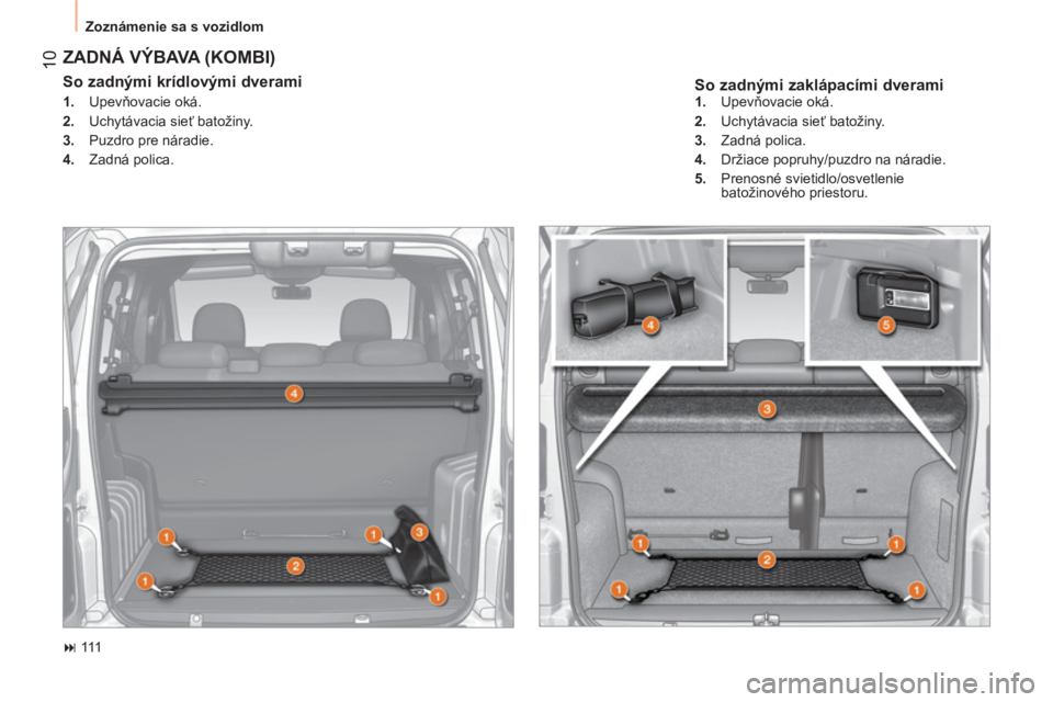 CITROEN NEMO 2014  Návod na použitie (in Slovak)  10
 
Zoznámenie sa s vozidlom 
 
 
So zadnými zaklápacími dverami 
 
ZADNÁ VÝBAVA (KOMBI) 
 
 
So zadnými krídlovými dverami  
 
 
 
1. 
 Upevňovacie oká. 
   
2. 
 Uchytávacia sieť bato
