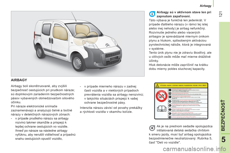 CITROEN NEMO 2014 Návod na použitie (in Slovak) 121
5
BEZPEČNOSŤ
Airbagy
AIRBAGY
Airbagy boli skonštruované, aby zvýšili
bezpečnosť cestujúcich pri prudkom náraze;
sú doplnkovým zariadením bezpečnostných
pásov vyb CITROEN NEMO 2014 Návod na použitie (in Slovak) 121
5
BEZPEČNOSŤ
Airbagy
AIRBAGY
Airbagy boli skonštruované, aby zvýšili
bezpečnosť cestujúcich pri prudkom náraze;
sú doplnkovým zariadením bezpečnostných
pásov vyb