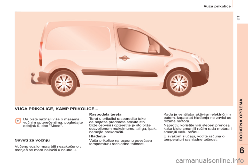 CITROEN BERLINGO ELECTRIC 2017 Priručnik (in Serbian) 117
Berlingo-2-VU_sr_Chap06_accessoire_ed01-2015
da biste saznali više o masama i
vučnim opterećenjima, pogledajte
odeljak 9, deo "Mase".
vuČa PRIKolIcE, KaMP PRIK ol I c E ...
Raspode CITROEN BERLINGO ELECTRIC 2017 Priručnik (in Serbian) 117
Berlingo-2-VU_sr_Chap06_accessoire_ed01-2015
da biste saznali više o masama i
vučnim opterećenjima, pogledajte
odeljak 9, deo "Mase".
vuČa PRIKolIcE, KaMP PRIK ol I c E ...
Raspode