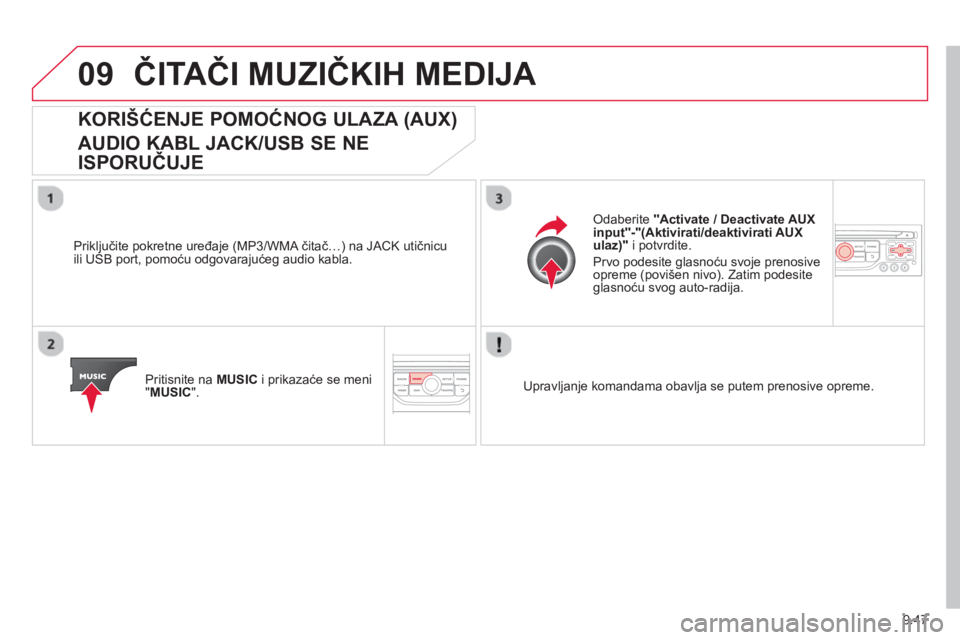 CITROEN BERLINGO ELECTRIC 2015  Priručnik (in Serbian) 9.47
09ČITAČI MUZIČKIH MEDIJA 
KORIŠĆENJE POMOĆNOG ULAZA (AUX)  
AUDIO KABL JACK/USB SE NE 
ISPORUČUJE 
  Priključite pokretne ure đaje (MP3/WMA čitač…) na JACK utičnicu
ili USB port, po
