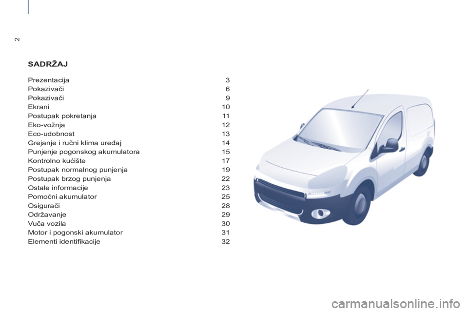 CITROEN BERLINGO ELECTRIC 2015  Priručnik (in Serbian) 2
Prezentacija 3
Pokazivači6
Pokazivači9
Ekrani 10
Postupak pokretanja 11
Eko-vo