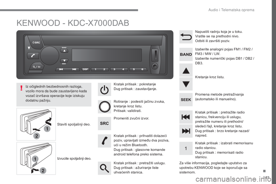 CITROEN C-ZERO 2017 Priručnik (in Serbian) 1
2
1
2
163
C-Zero_sr_Chap10b_KeNWOOD_ed01-2016
KENWOOD - KDC-X7000DAB
Za više informacija, pogledajte uputstvo za
upotrebu KENWOOD koje se isporučuje sa
sistemom.
Iz očiglednih bezbednosnih razl CITROEN C-ZERO 2017 Priručnik (in Serbian) 1
2
1
2
163
C-Zero_sr_Chap10b_KeNWOOD_ed01-2016
KENWOOD - KDC-X7000DAB
Za više informacija, pogledajte uputstvo za
upotrebu KENWOOD koje se isporučuje sa
sistemom.
Iz očiglednih bezbednosnih razl
