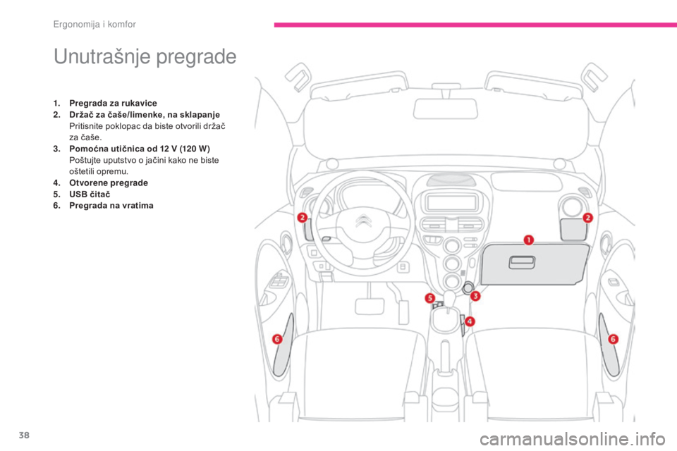 CITROEN C-ZERO 2017  Priručnik (in Serbian) 38
C-Zero_sr_Chap03_ergonomie-et-confort_ed01-2016
Unutrašnje pregrade
1. Pregrada za rukavice
2. Držač za čaše/limenke, na sklapanje 
 P

ritisnite poklopac da biste otvorili držač  
za čaše