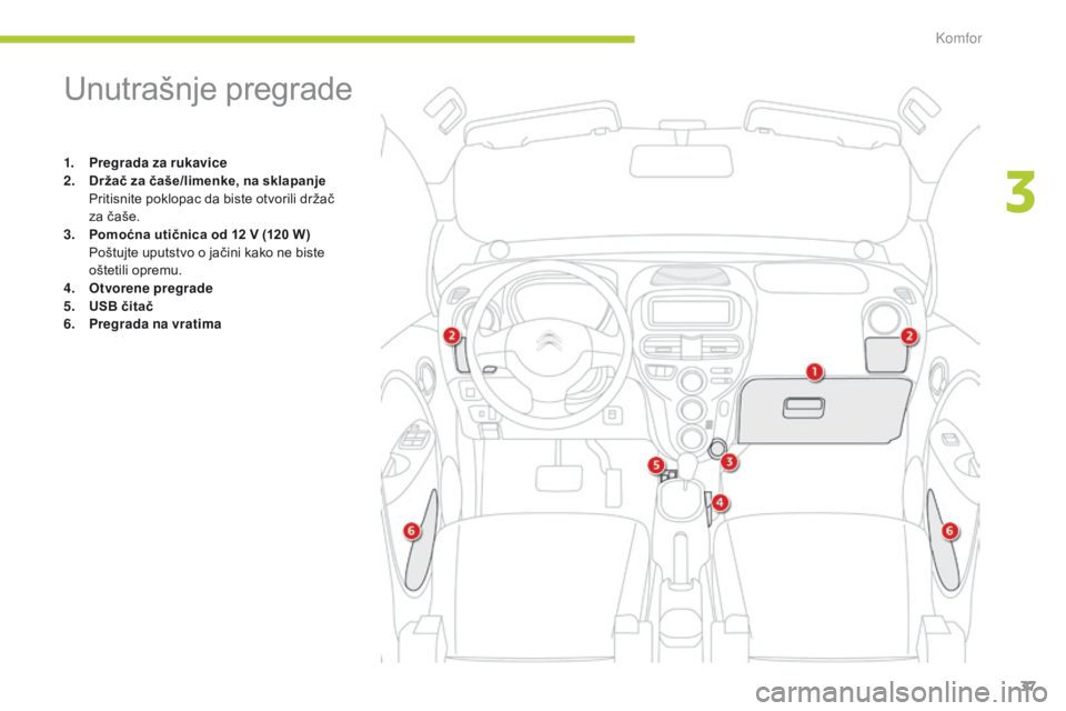 CITROEN C-ZERO 2016 Priručnik (in Serbian) 37
C-zero_sr_Chap03_confort_ed01-2014
Unutrašnje pregrade
1. Pregrada za rukavice
2. Držač za čaše/limenke, na sklapanje
P
ritisnite poklopac da biste otvorili držač
za čaše.
3.
P
omo CITROEN C-ZERO 2016 Priručnik (in Serbian) 37
C-zero_sr_Chap03_confort_ed01-2014
Unutrašnje pregrade
1. Pregrada za rukavice
2. Držač za čaše/limenke, na sklapanje
P
ritisnite poklopac da biste otvorili držač
za čaše.
3.
P
omo