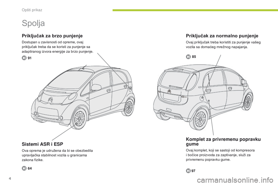 CITROEN C-ZERO 2016  Priručnik (in Serbian) 85
91
64
97
4
C-zero_sr_Chap00b_vue-ensemble_ed01-2014
Priključak za normalno punjenje
ovaj priključak treba koristiti za punjenje vašeg 
vozila sa domaćeg mrežnog napajanja.
Priključak za brzo 