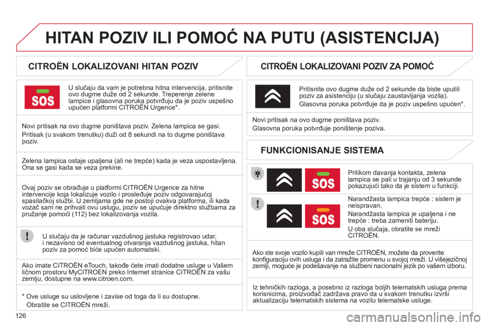 CITROEN C-ZERO 2012 Priručnik (in Serbian) 126
HITAN POZIV ILI POMOĆ NA PUTU (ASISTENCIJA)
CITROËN LOKALIZOVANI HITAN POZIV
U slučaju da vam je potrebna hitna intervencija, pritisnite
ovo CITROEN C-ZERO 2012 Priručnik (in Serbian) 126
HITAN POZIV ILI POMOĆ NA PUTU (ASISTENCIJA)
CITROËN LOKALIZOVANI HITAN POZIV
U slučaju da vam je potrebna hitna intervencija, pritisnite
ovo