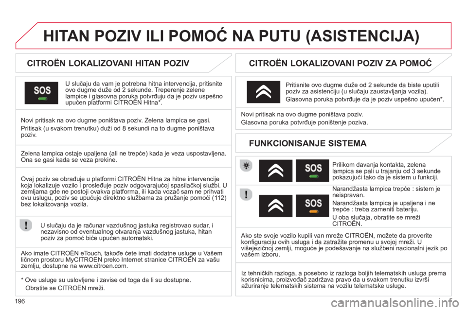 CITROEN C3 2014  Priručnik (in Serbian) 196
HITAN POZIV ILI POMOĆ NA PUTU (ASISTENCIJA) 
 
 
 
 
 
 
 
 
 
 
CITROËN LOKALIZOVANI HITAN POZIV  
U slučaju da vam je potrebna hitna intervencija, pritisnite 
ovo dugme duže od 2 sekunde. Tr