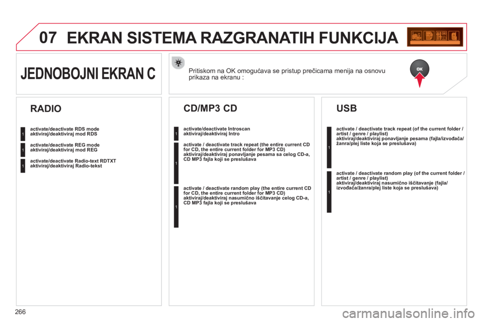 CITROEN C3 2014 Priručnik (in Serbian) 07
266
EKRAN SISTEMA RAZGRANATIH FUNKCIJA
Pritiskom na OK omogućava se pristup prečicama menija na osnovu
prikaza na ekranu : JEDNOBOJNI EKRAN C
activate/deactivate RDS modeaktiviraj/deaktiviraj CITROEN C3 2014 Priručnik (in Serbian) 07
266
EKRAN SISTEMA RAZGRANATIH FUNKCIJA
Pritiskom na OK omogućava se pristup prečicama menija na osnovu
prikaza na ekranu : JEDNOBOJNI EKRAN C
activate/deactivate RDS modeaktiviraj/deaktiviraj