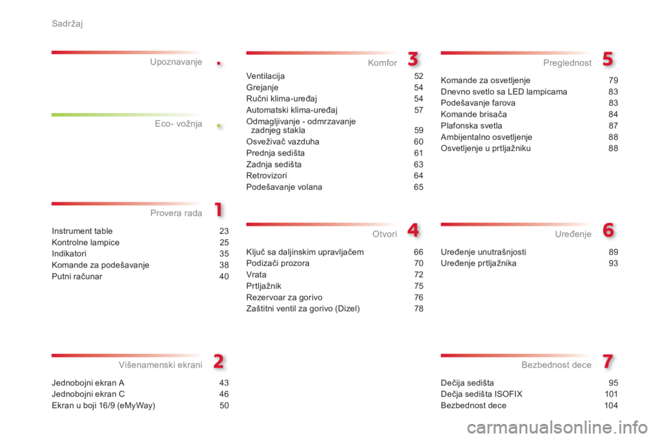 CITROEN C3 2014  Priručnik (in Serbian) .
.
Sadržaj
Dečija sedišta 95
Dečja sedišta ISOFIX  101
Bezbednost dece  104
Bezbednost dece
Instrument table 23
Kontrolne lampice 25
Indikatori 35
Komande za podešavanje 38
Putni računar 40
Pr