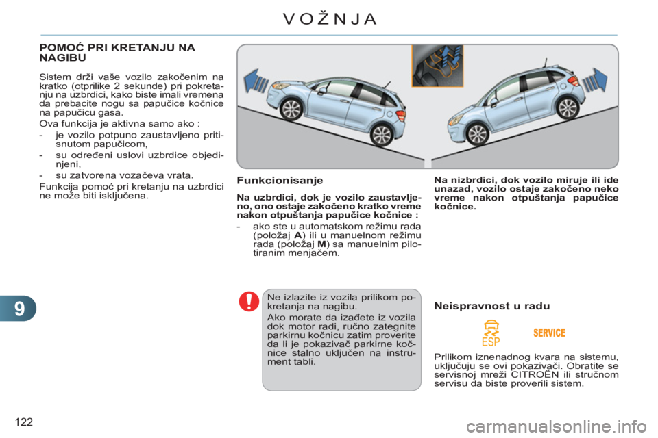 CITROEN C3 2013  Priručnik (in Serbian) 9
122
VOŽNJA
POMOĆ PRI KRETANJU NA 
NAGIBU
  Sistem drži vaše vozilo zakočenim na 
kratko (otprilike 2 sekunde) pri pokreta-
nju na uzbrdici, kako biste imali vremena 
da prebacite nogu sa papuč