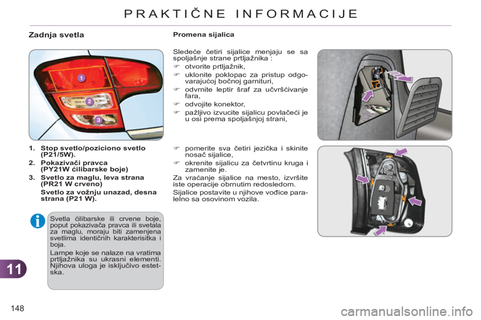 CITROEN C3 2013  Priručnik (in Serbian) 11
148
PRAKTIČNE INFORMACIJE
Zadnja svetla
   
 
1. 
  Stop svetlo/poziciono svetlo 
(P21/5W). 
 
   
2. 
  Pokazivači pravca 
(PY21W ćilibarske boje) 
 
   
3. 
  Svetlo za maglu, leva strana 
(PR