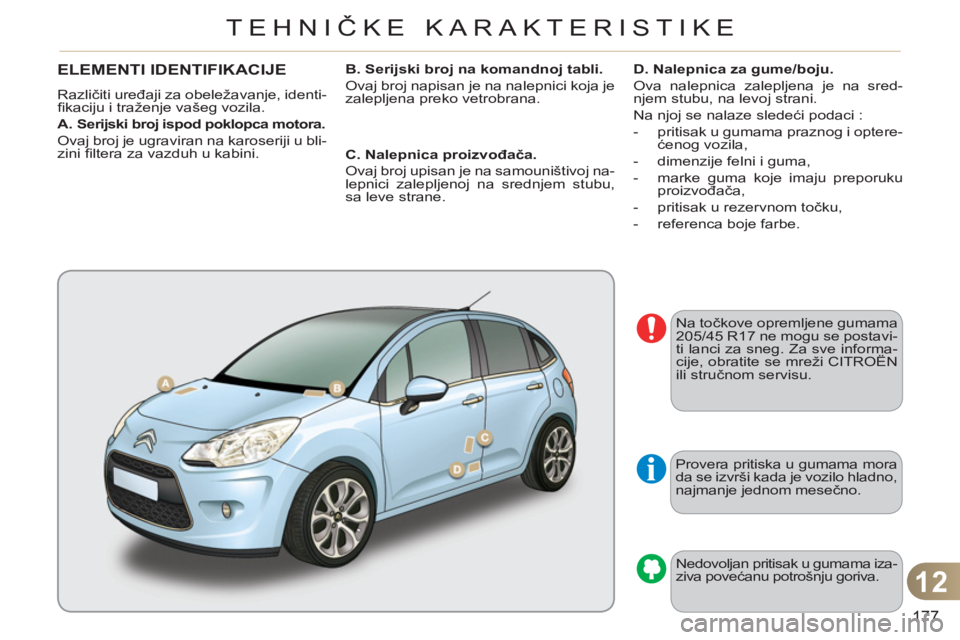 CITROEN C3 2013  Priručnik (in Serbian) 12
177
TEHNIČKE KARAKTERISTIKE
  Provera pritiska u gumama mora 
da se izvr