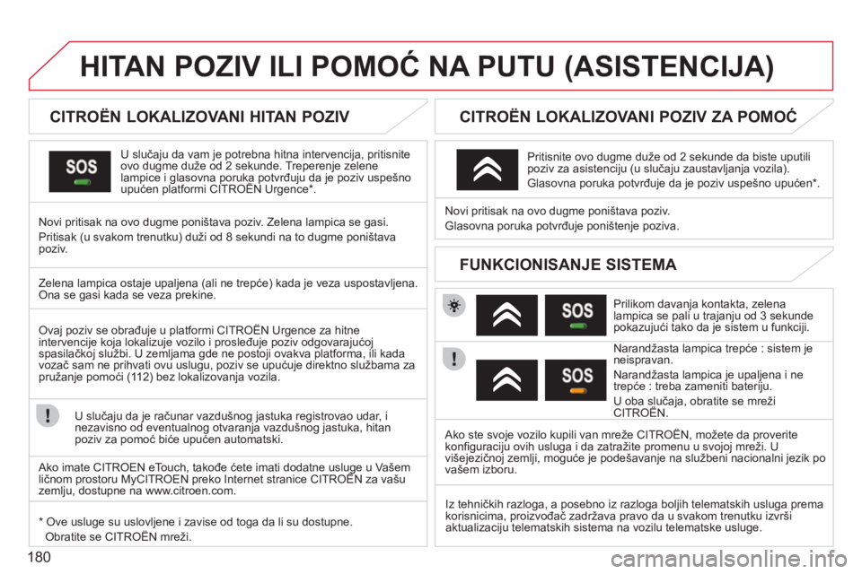 CITROEN C3 2013 Priručnik (in Serbian) 180
HITAN POZIV ILI POMOĆ NA PUTU (ASISTENCIJA)
CITROËN LOKALIZOVANI HITAN POZIV
U slučaju da vam je potrebna hitna intervencija, pritisnite
ovo dugme duže od 2 sekunde. Tr CITROEN C3 2013 Priručnik (in Serbian) 180
HITAN POZIV ILI POMOĆ NA PUTU (ASISTENCIJA)
CITROËN LOKALIZOVANI HITAN POZIV
U slučaju da vam je potrebna hitna intervencija, pritisnite
ovo dugme duže od 2 sekunde. Tr