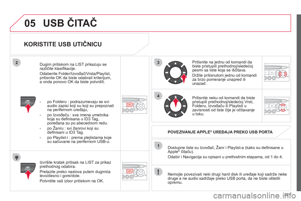 CITROEN C3 2013 Priručnik (in Serbian) 221
3
4
05
2
1
LISTREFRESH
LISTREFRESH
KORISTITE USB UTIČNICU
Izvršite kratak pritisak na LIST za prikaz prethodnog odabira.
Prelazite preko naslova putem du
gmića
levo/desno i gore/dol CITROEN C3 2013 Priručnik (in Serbian) 221
3
4
05
2
1
LISTREFRESH
LISTREFRESH
KORISTITE USB UTIČNICU
Izvršite kratak pritisak na LIST za prikaz prethodnog odabira.
Prelazite preko naslova putem du
gmića
levo/desno i gore/dol