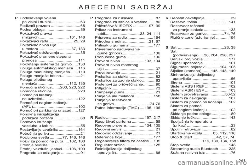 CITROEN C3 2013 Priručnik (in Serbian) 241
ABECEDNI SADRŽAJ
R Reostat osvetljenja ....................... 39
Rezervni točak ........................... 141
Rezervoar tečnosti
za pranje stakala ...................... 133
Rezervoar z CITROEN C3 2013 Priručnik (in Serbian) 241
ABECEDNI SADRŽAJ
R Reostat osvetljenja ....................... 39
Rezervni točak ........................... 141
Rezervoar tečnosti
za pranje stakala ...................... 133
Rezervoar z