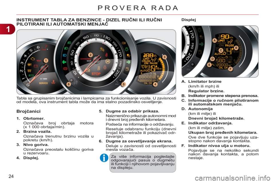 CITROEN C3 2013 Priručnik (in Serbian) 1
24
PROVERA RADA
INSTRUMENT TABLA ZA BENZINCE - DIZEL RUČNI ILI RUČNIPILOTIRANI ILI AUTOMATSKI MENJAČ
Tabla sa grupisanim brojčanicima i lampicama za funkcionisanje vozila. U zavisnosti
od mo CITROEN C3 2013 Priručnik (in Serbian) 1
24
PROVERA RADA
INSTRUMENT TABLA ZA BENZINCE - DIZEL RUČNI ILI RUČNIPILOTIRANI ILI AUTOMATSKI MENJAČ
Tabla sa grupisanim brojčanicima i lampicama za funkcionisanje vozila. U zavisnosti
od mo